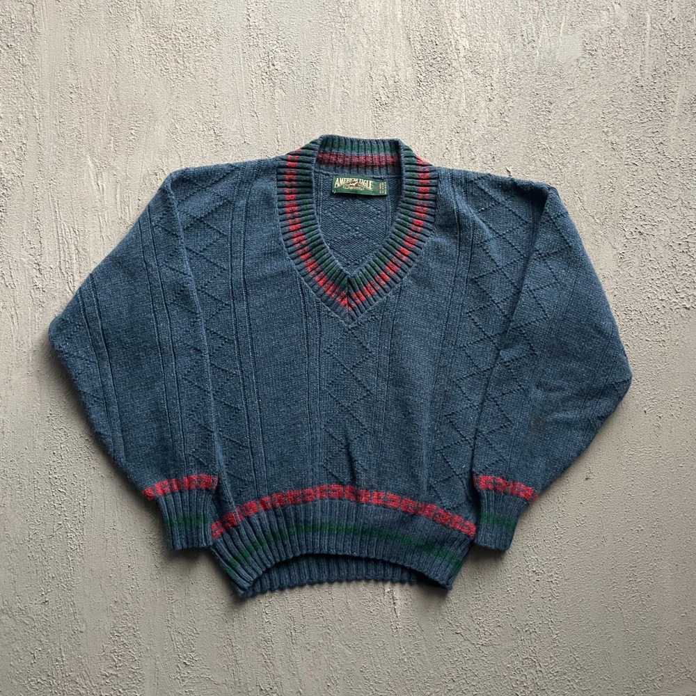 Vintage Cable Knit V-Neck Sweater Men Medium Blue 90s American Eagle Outfitters
